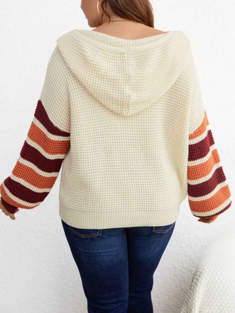 Plus Striped Pattern Drop Shoulder Drawstring Hooded Sweater