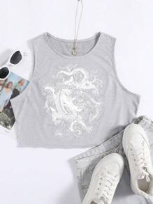 SHEIN Unity Chinese Dragon Graphic Tank Top - Light Grey - View 1