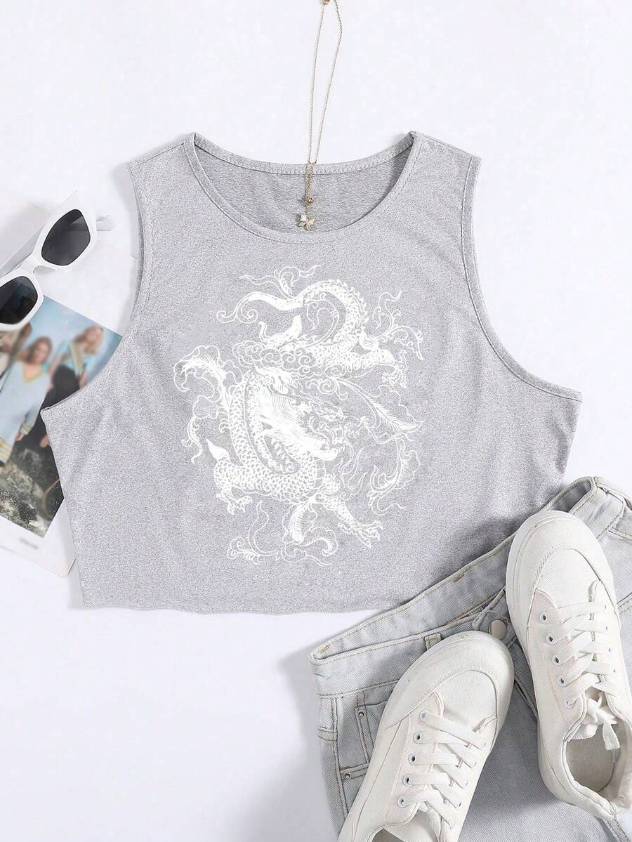 SHEIN Unity Chinese Dragon Graphic Tank Top - Light Grey - View 1
