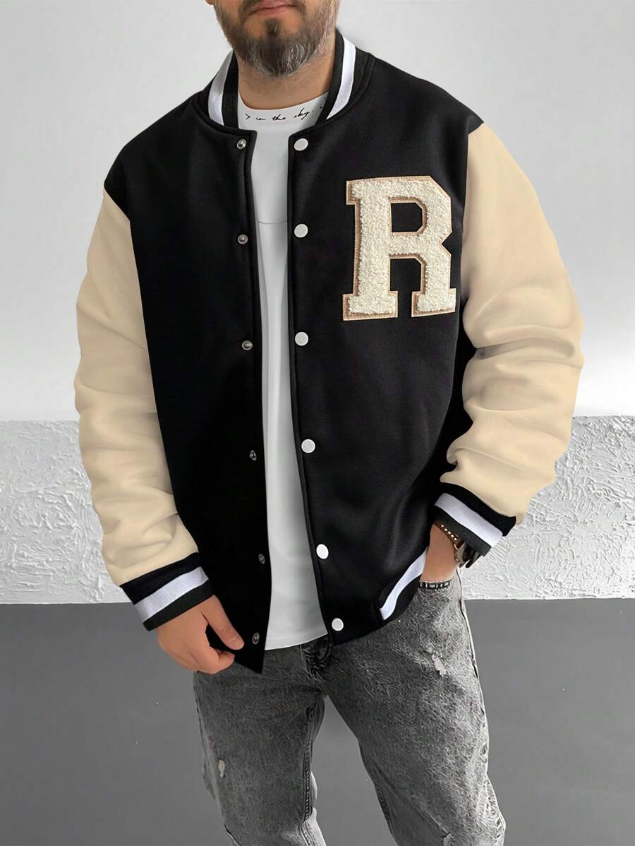 Aesthetic Post Chaqueta De Béisbol Para Hombres Con Ajuste Holgado Y Parche De Letra En Contraste De Color - Albaricoque - Ver 1