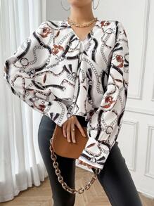 SHEIN Privé Chain Print Ruffle Trim Wrap Blouse - Multicolor - View 3