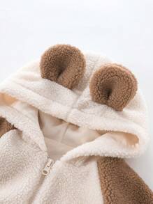 SHEIN 女小童小熊刺繡3D耳朵設計插肩袖連帽搖粒絨夾克 - 咖啡棕 - 查看 6