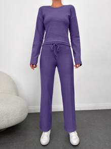 Cloudara Solid Tee & Drawstring Waist Pants - Purple - View 6