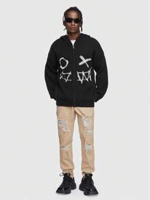 ROMWE MEN Street Life Guys Cartoon Pattern Drop Shoulder Hooded Cardigan - Black - View 2