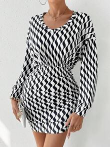 SHEIN Privé In Toàn bộ Thả vai Xù Váy bodycon - Đen và trắng - Xem 4