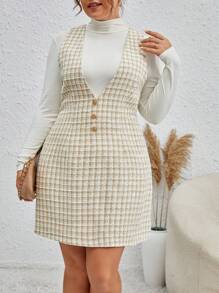 SHEIN Frenchy Plus Size Plaid Overall Dress With Button Details And Thick Woolen Material, Without Tee - Apricot - View 4