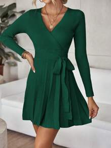 SHEIN LUNE V-neck Pleated Hem Belted Sweater Dress - Dark Green - View 6