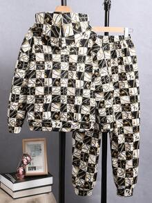 SHEIN Tween 男童格紋鏈條印花連帽衫和褲子套裝 - 彩色 - 查看 2