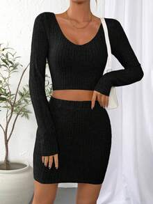 SHEIN Essnce unicolor Camiseta crop & Falda ajustada - Negro - Ver 4