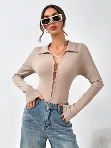 SHEIN Essnce 修身女式連身衣,配有撞色領口 - 杏色 - 查看 2