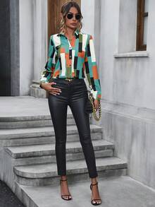 EMERY ROSE 女士印花v領襯衫 - 薄荷藍 - 查看 6