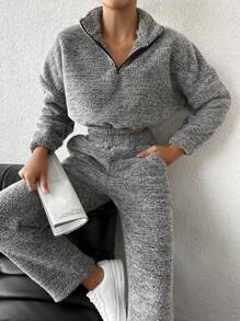 EURMUSE Women's Batwing Sleeve Furry Sweatshirt And Long Pants Two Piece Set - Grey - View 1