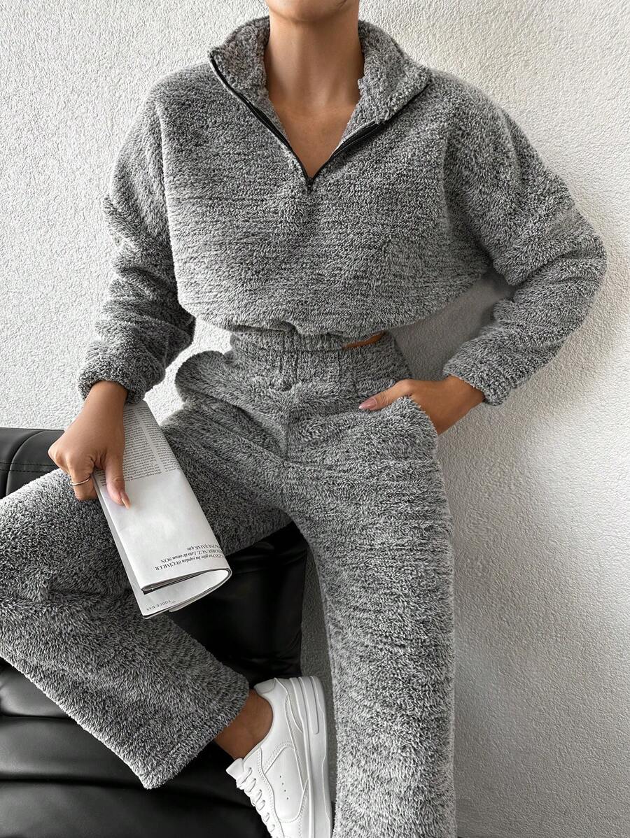 EURMUSE Women's Batwing Sleeve Furry Sweatshirt And Long Pants Two Piece Set - Grey - View 1