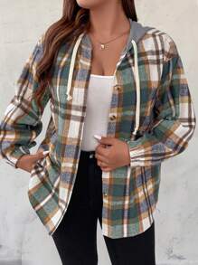 SHEIN Franclia Plus 格子印花落肩抽繩連帽夾克 - 彩色 - 查看 5