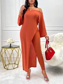 SOLERSUN Asymmetrical Neck Batwing Sleeve Tee & Leggings - Rust Brown - View 6