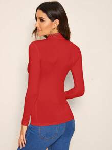 SHEIN Essnce Solid High Neck Slim Fit Tee - Red - View 2