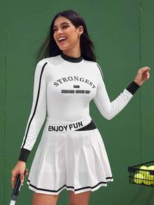 VARSITIE Letter Graphic Contrast Trim Tee,Women Tennis Outfit - Black and White - View 3