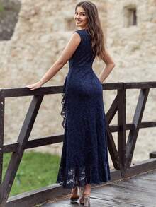 MIUSOL Full Floral Lace Ruffle Trim Wrap Hem Formal Party Dress - Navy Blue - View 3