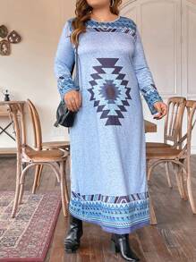 EMERY ROSE Plus Geo Print Tee Dress - Baby Blue - View 1