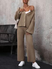 SHEIN LUNE Cárdigan de hombros caídos con pantalones tejidos - Camel - Ver 4