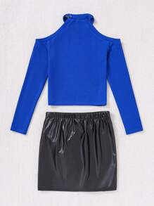 SHEIN 2 cái/bộ Thiếu niên Cô gái Off Shoulder Áo thun Và chất liệu da PU Váy - Nhiều màu - Xem 2