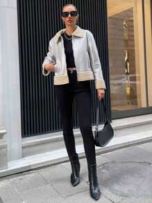 EURMUSE Women's Patchwork Fabric Zipper Closure Jacket With Diagonal Pockets - Silver - View 3