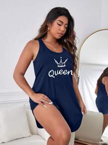 Women's Plus Size Simple Letter Pattern Arc Hem Tank Top Pajama Night Dress