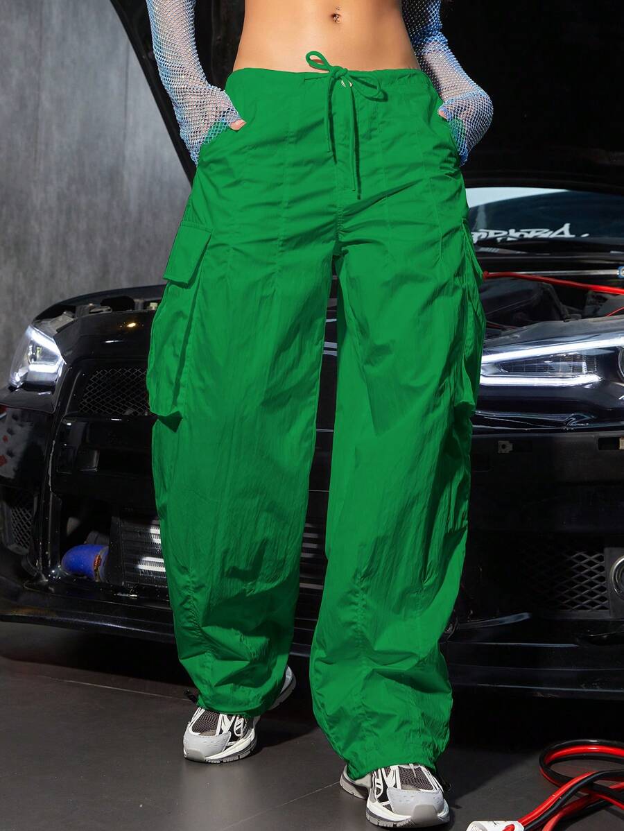 Flap Pocket Side Drawstring Waist Cargo Pants