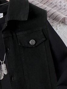 SHEIN Tween Girl Flap Pocket Vest Jacket & Solid Dress - Black - View 3