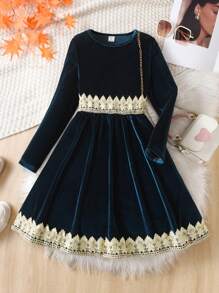 SHEIN 少女公主風格秋冬優雅華麗連衣裙,服裝 - 墨綠色 - 查看 1