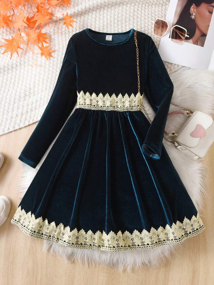 SHEIN 少女公主風格秋冬優雅華麗連衣裙,服裝 - 墨綠色 - 查看 1