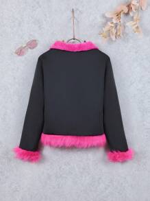 SHEIN 休閒仿皮草拼接 拉鍊女童（大）夾克 - 黑色 - 查看 2