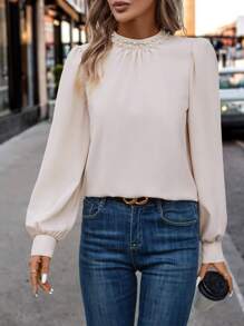 SHEIN Clasi 珍珠串珠燈籠袖襯衫 - 杏色 - 查看 1