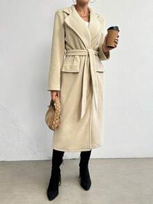 SHEIN Unity 西裝領腰帶長款外套 - 杏色 - 查看 5