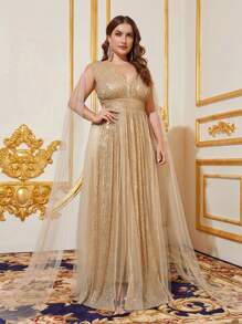 Faeriesty Plus Women's Deep V-Neck Sequin Cape Sleeve Formal Evening Gown With Dramatic Train - Perfect For Black Tie Galas, Red Carpet Events, Wedding Receptions, Luxury Banquets, And Bridal Portrait Photography - Champagne - View 1