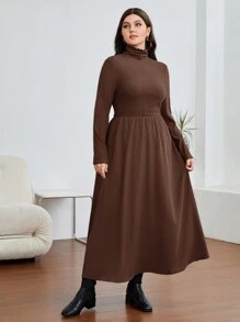 Seusyu Plus Size Solid Color High Collar Long Sleeve Arabic Clothing - Coffee Brown - View 3