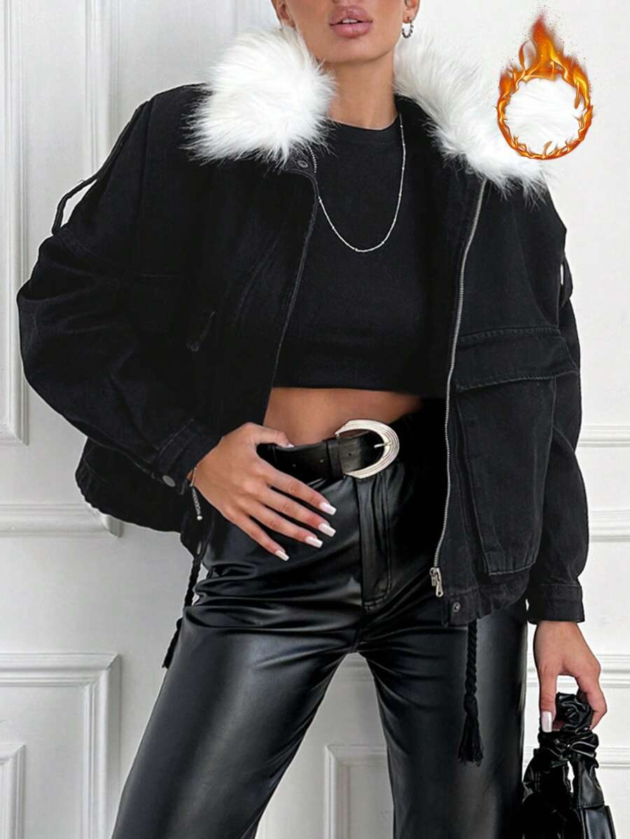 EURMUSE Borg Collar Drop Shoulder Denim Jacket - Black - View 1