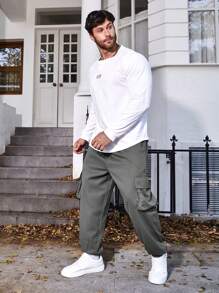 Manfinity Homme Men's Plus Size Drawstring Waist Cargo Pants With Pockets - Dark Grey - View 5