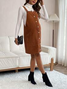 SHEIN Thai sản Mặt trước Nút Đầm Với Đường chéo Thiết kế túi ( Áo sơ mi ) - màu nâu - Xem 4
