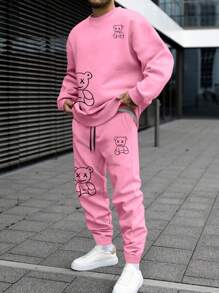 Manfinity Homme Men Bear Print Sweatshirt & Drawstring Waist Sweatpants , Going Out , Graphic , Funny , Plain , Couple Matching