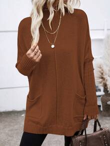 SHEIN LUNE 高領蝙蝠袖口袋貼布套頭毛衣 - 鏽棕色 - 查看 6