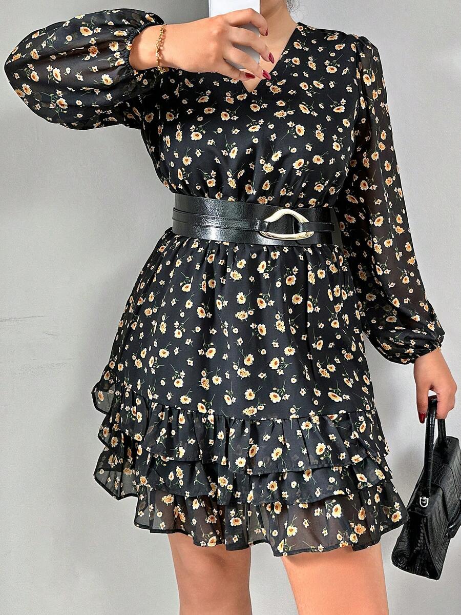 RueChic Talla grande floral patrón de manga farol Vestido con con fruncido bajo con capas ( Cinturón no incluido ) - Multicolor - Ver 1