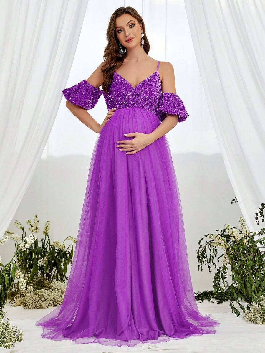 Maternity Cold Shoulder Surplice Neck Formal Party Dress