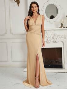 SHEIN Belle Vestido de dama de honor de cuello profundo fruncido de muslo con abertura - Albaricoque - Ver 4