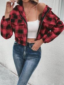 SHEIN Frenchy Cazadora con estampado de cuadros de hombros caídos con capucha - Rojo - Ver 6