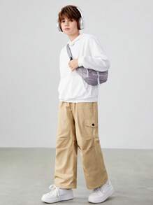 SHEIN Tween Boy Flap Pocket Side Cargo Pants - Khaki - View 5