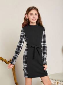 SHEIN Tween Girls' Girls' Plaid Patchwork Belted Dress - Black and White - View 5