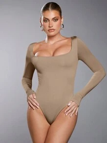 SHEIN BAE Square Neck Slim Fit Tee Bodysuit - Khaki - View 1