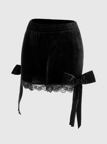 ROMWE Kawaii Shorts ribete con encaje en contraste de terciopelo - Negro - Ver 5