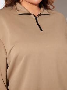 SHEIN SXY 大碼半拉鏈落肩袖運動衫 - 駝色 - 查看 4